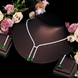 CWWZircons Simple Fashion Dangling Drop Green Cubic Zirconia Women Party Wedding Necklace Jewelry Sets for Brides Accessory T730