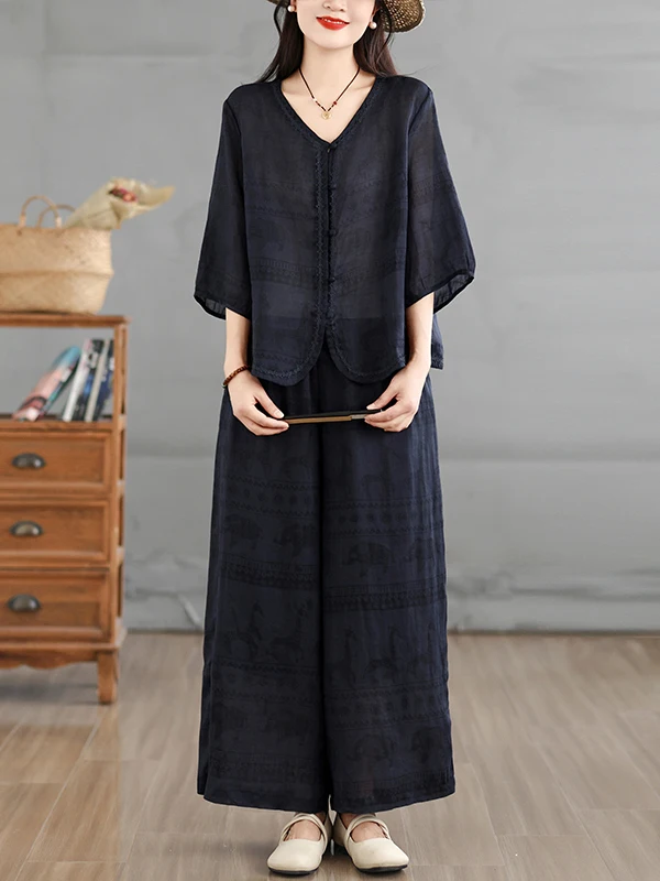 Retro Ethnic Print Cotton Linen Wide Leg Pants Loose Casual Shirt Women Summer Fashion Set Five Sleeve Loose Fit High Waist