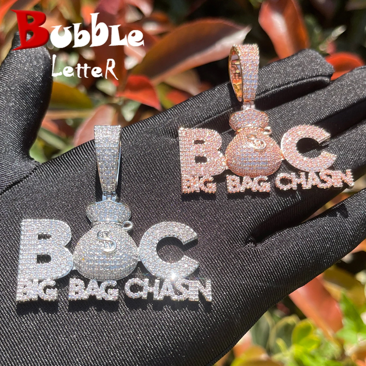 Bubble Letter Prong Necklace for Men Iced Out Pendant Big Bag Chase Charms Hip Hop Jewelry