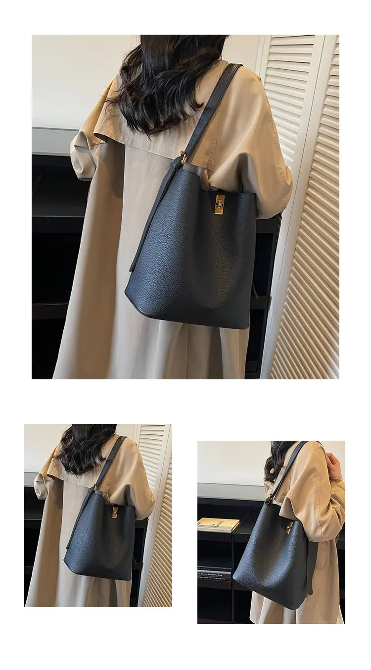 Minimalistische Kamelbraune Kunstleder-Bucket-Bag, genarbte Textur mit Schlossakzent, vielseitige Alltagstasche für Arbeit & Ausflüge – Detail 4