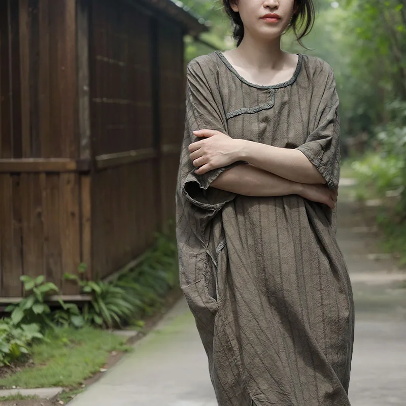 

Summer new Chinese simple Zen robe literary retro ramie jacquard plaid dress fashionable casual versatile simple temperament ele
