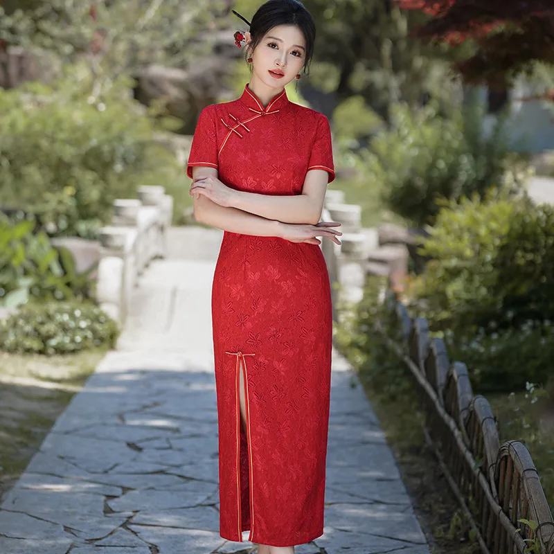 

Новое китайское Cheongsam молодое летнее кружевное красное платье средней длины в стиле ретро