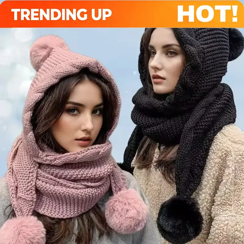 Customization Winter Warm Hoodie Hat Scarf Set Soft Plush Thick Warm Hat,Balaclava For Extreme Cold Versatile Hat With Attach Sc