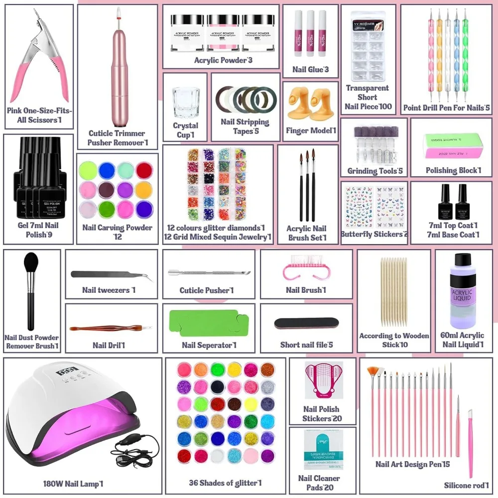 Kit professionale per unghie in acrilico con luce UV, polvere multicolore e strumenti per principianti