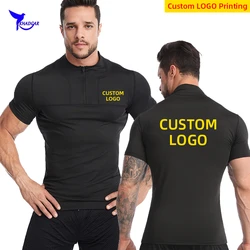 Custom LOGO Quick Dry Running Shirt Men T-shirt Short Sleeve Compression Tops Gym Fitness Sport Cycling Half Zipper Rashgard