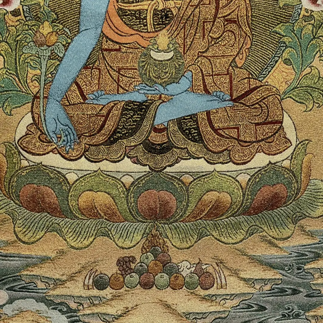 Thangka Tibetan Buddhism Silk Embroidery Blue Medicine Buddha lotus Platform Thangka Hanging Screen Town House
