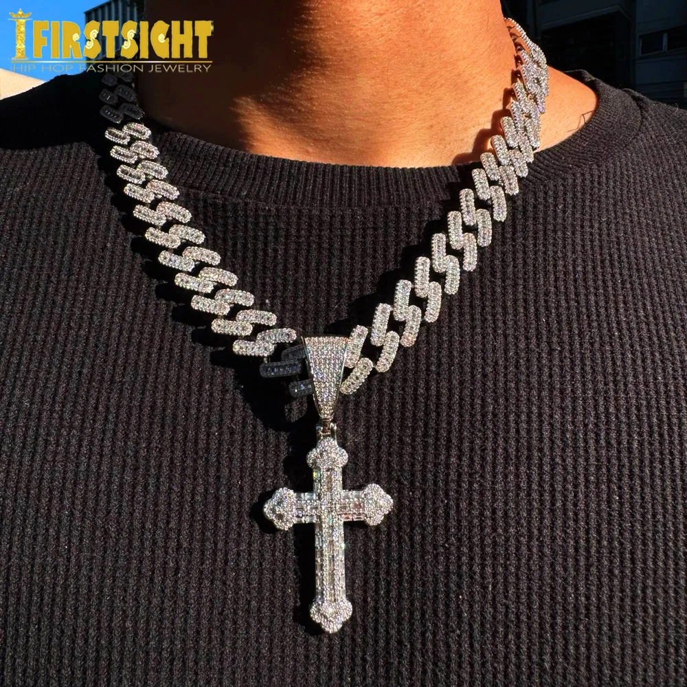 Iced Out Cross Necklace for Men Women Bling Silver Color Cubic Zirconia Charm With 15MM Cuban Link Chain Hip Hop Jewelry