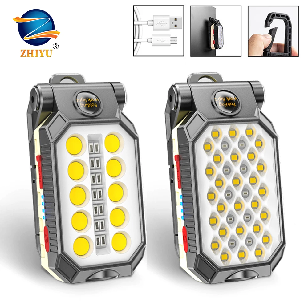 ZHIYU LED COB Work Light Portable Rechargeable Flashlight Magnetic Waterproof Camping Lantern Magnet Design with Power Display