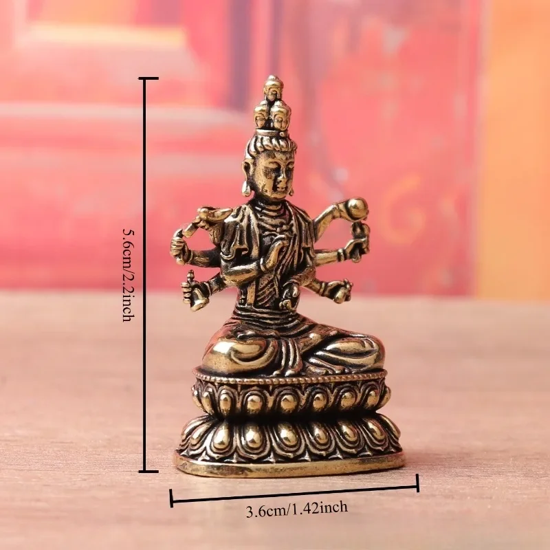 Vintage Brass Thousand-Hand Guanyin Figurine, Traditional Chinese Seated Bodhisattva Statue With Lotus Base, Desktop Tea Pet
