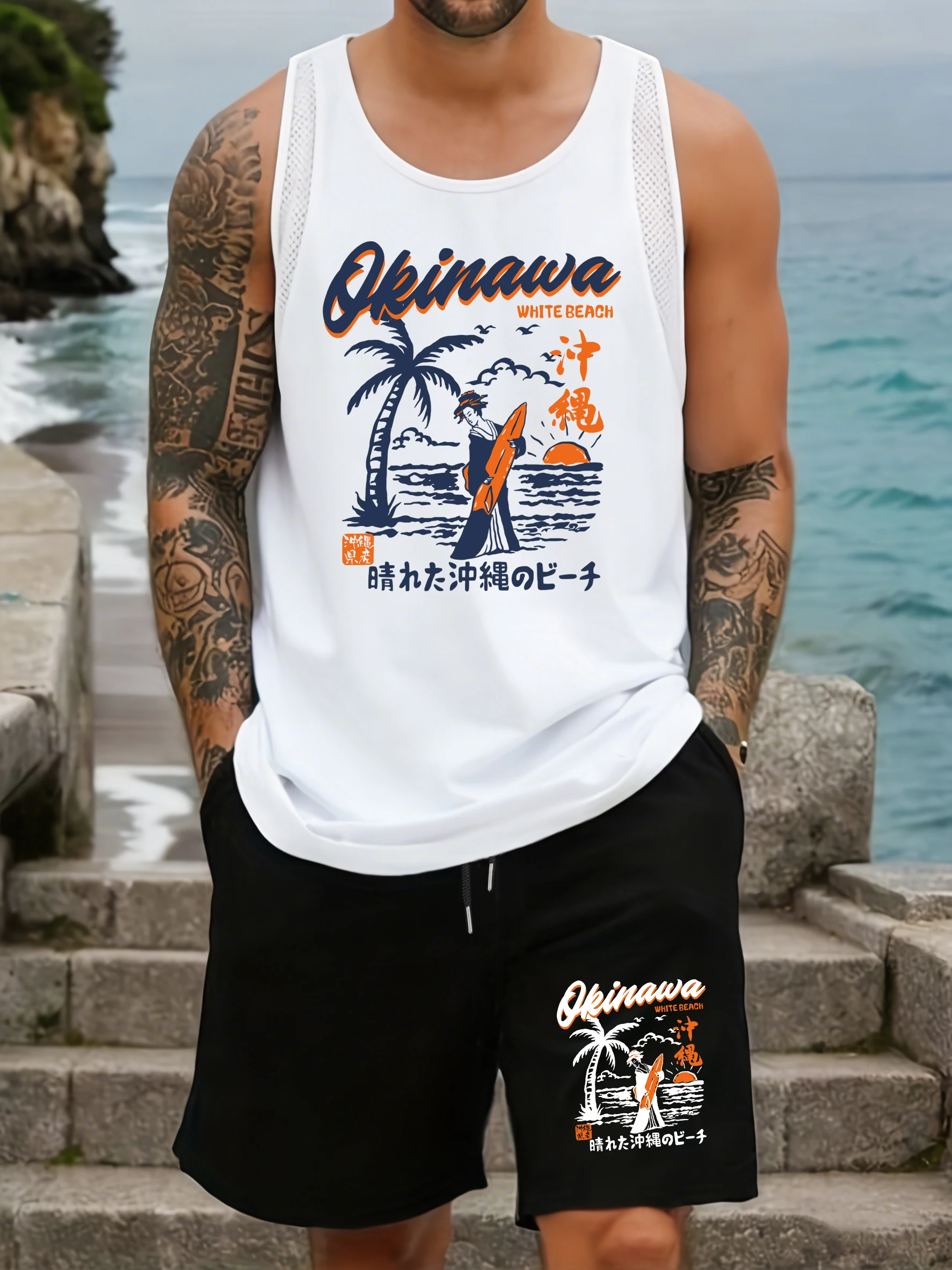 Okinawa White Beach Coconut Tree Design Mesh Tank Tops Suit Wide-Leg Short Pants Sleeveless O-Neck Vest Summer Pocket Black Pant