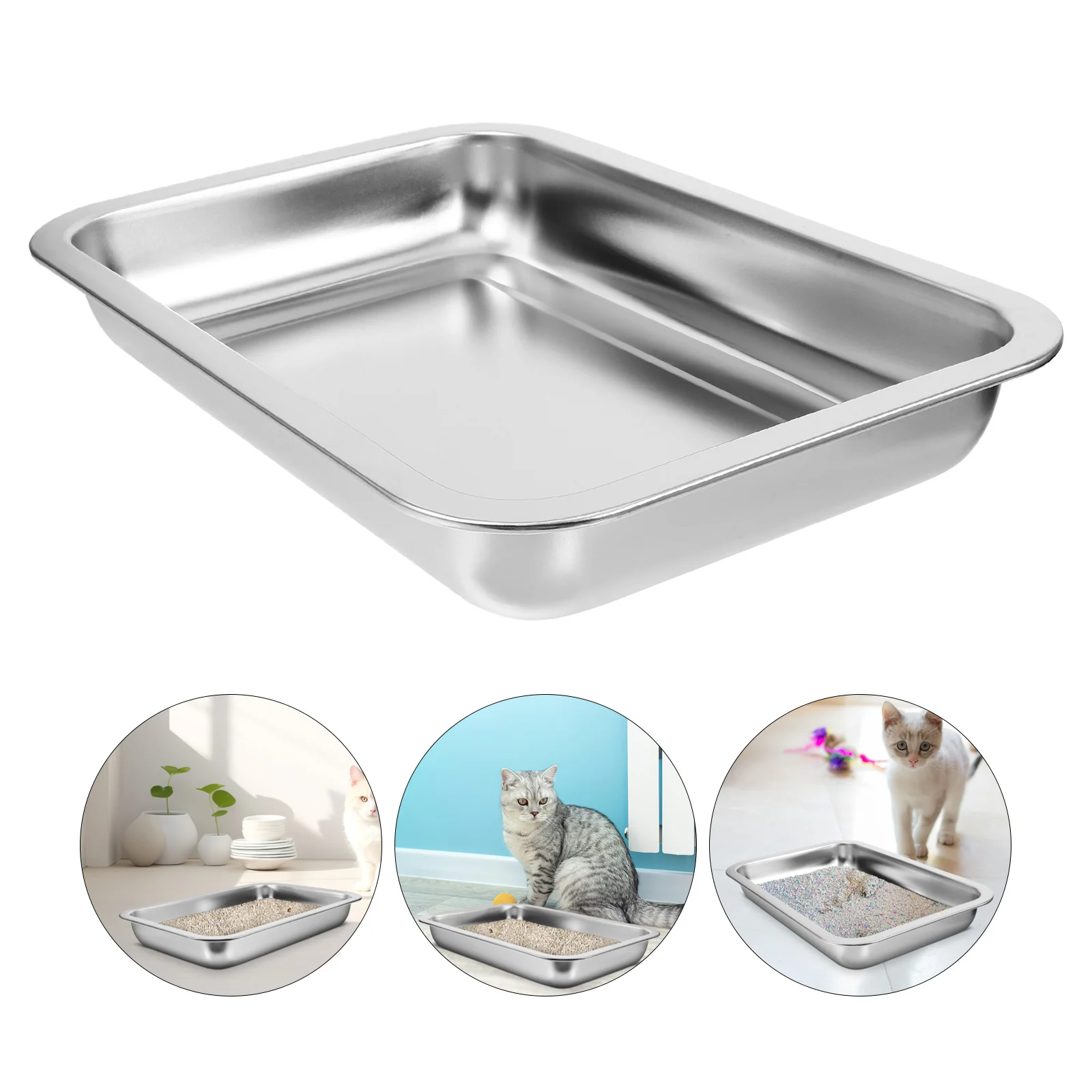 

Stainless Steel Cat Litter Box Large Metal Tray Durable Open Design Stable Base Practical Kitten Litter Box Easy to Clean