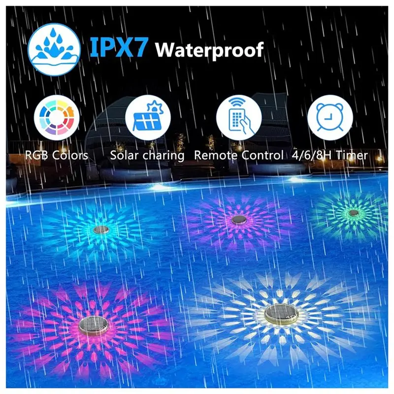 My Home Floating Pool Lights(4 Pack) Solar Rechargeable, 7 Lighting Modes With Timing Function, Remote Control Included