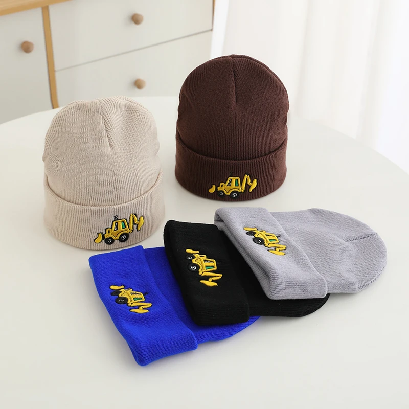 2024 Fashion Autumn Winter Casual Knitted Embroidered Cartoon Excavator Children Outdoor Kids Caps Sports Warm Hats Baby Boys