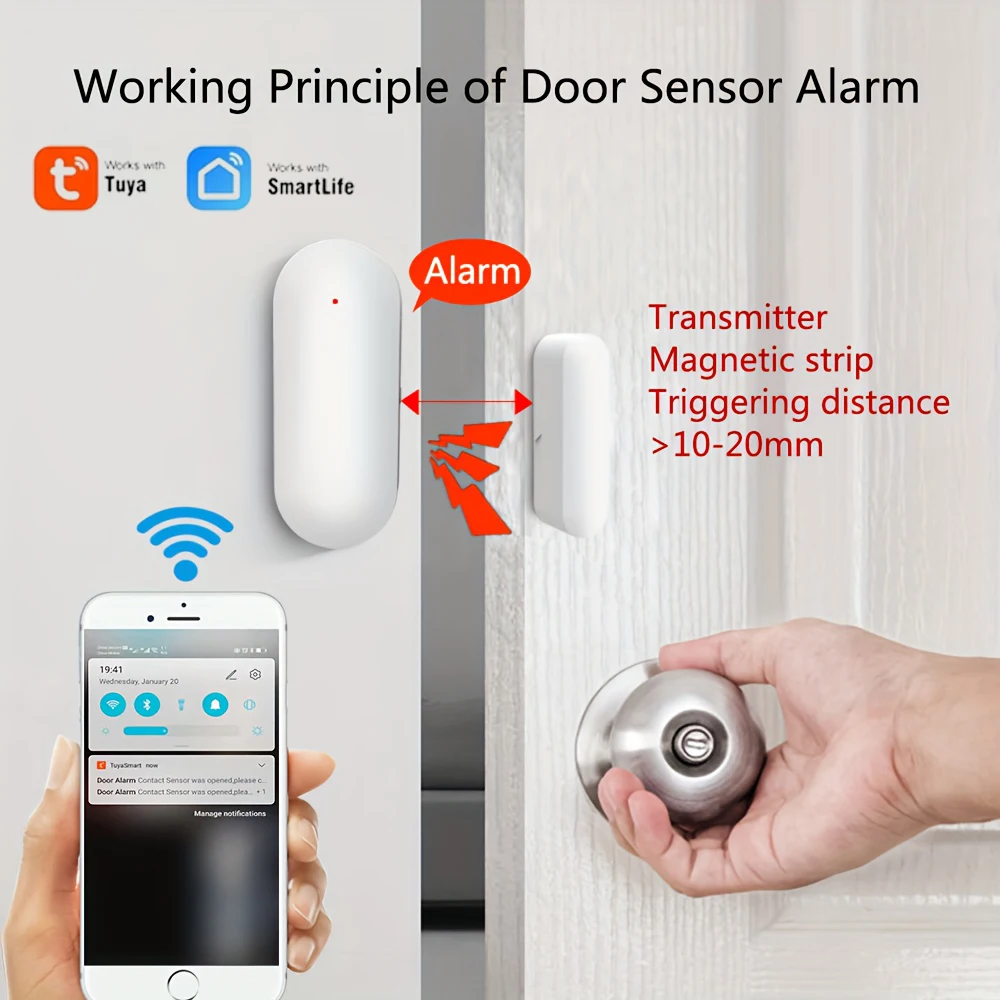 Tuya-Sensor de puerta inteligente con WiFi, detectores de puerta abierta y cerrada, sistema de alarma de protección de seguridad para el hogar, Control por aplicación Smart Life