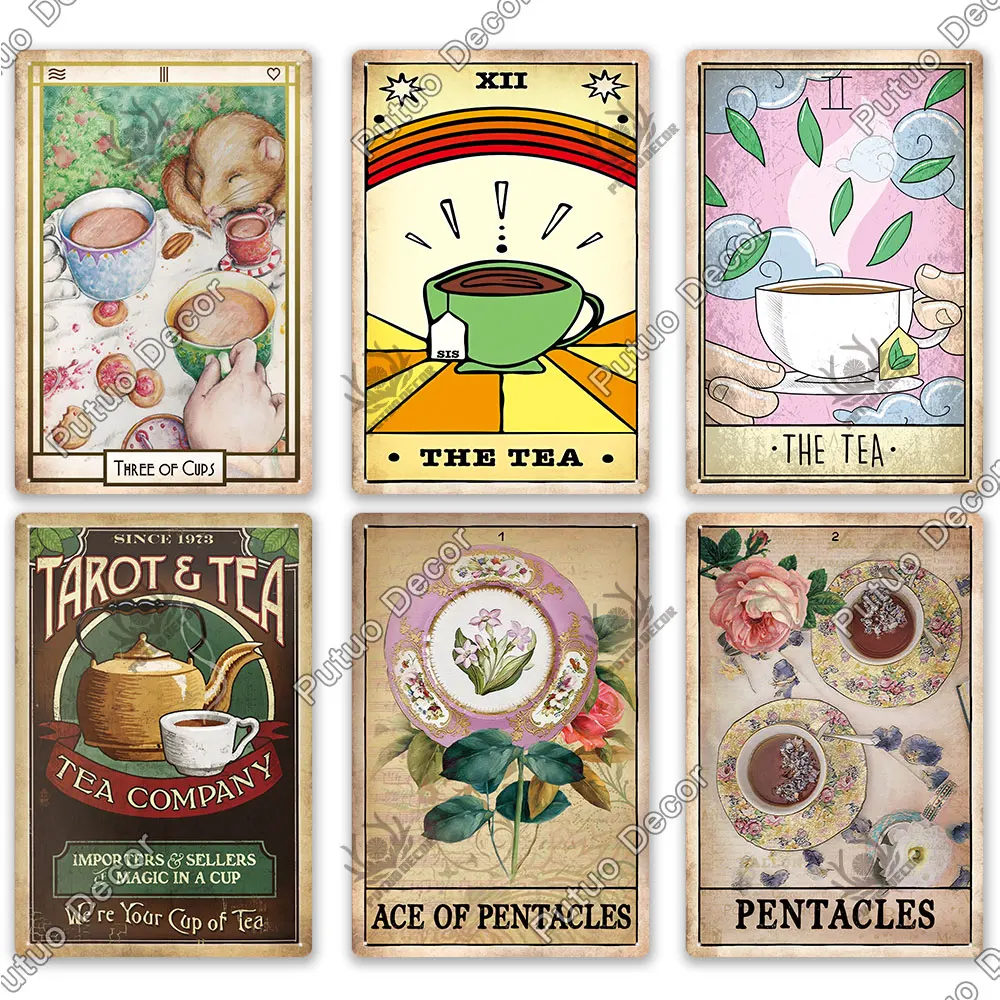 Putuo Decor Coffee and Tea Tarot Vintage Tin Sign Metal Signs Retro Plate for Cafe Kitchen Man Cave Coffee Bar Club Wall Decor