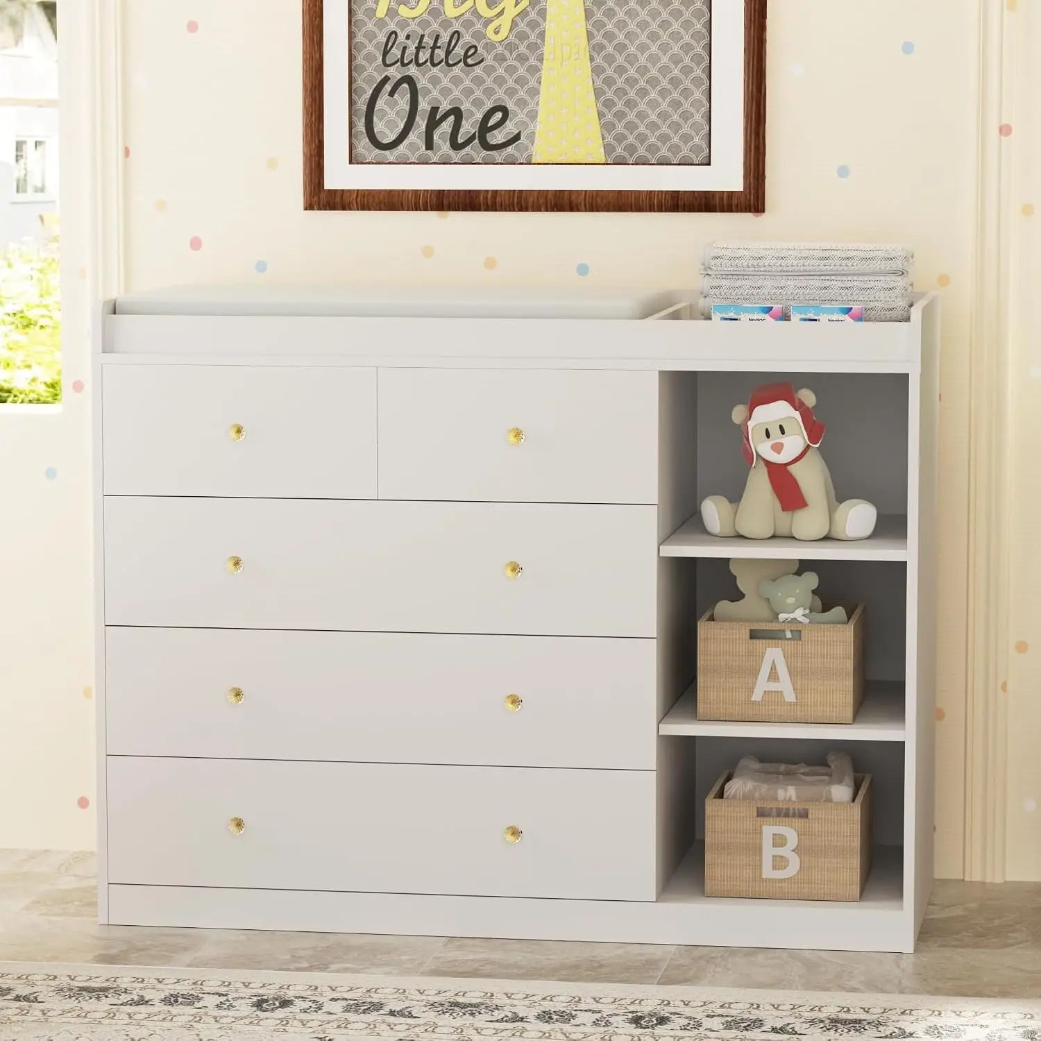 Baby Changing Table Dresser with 5 Drawers, 47.2