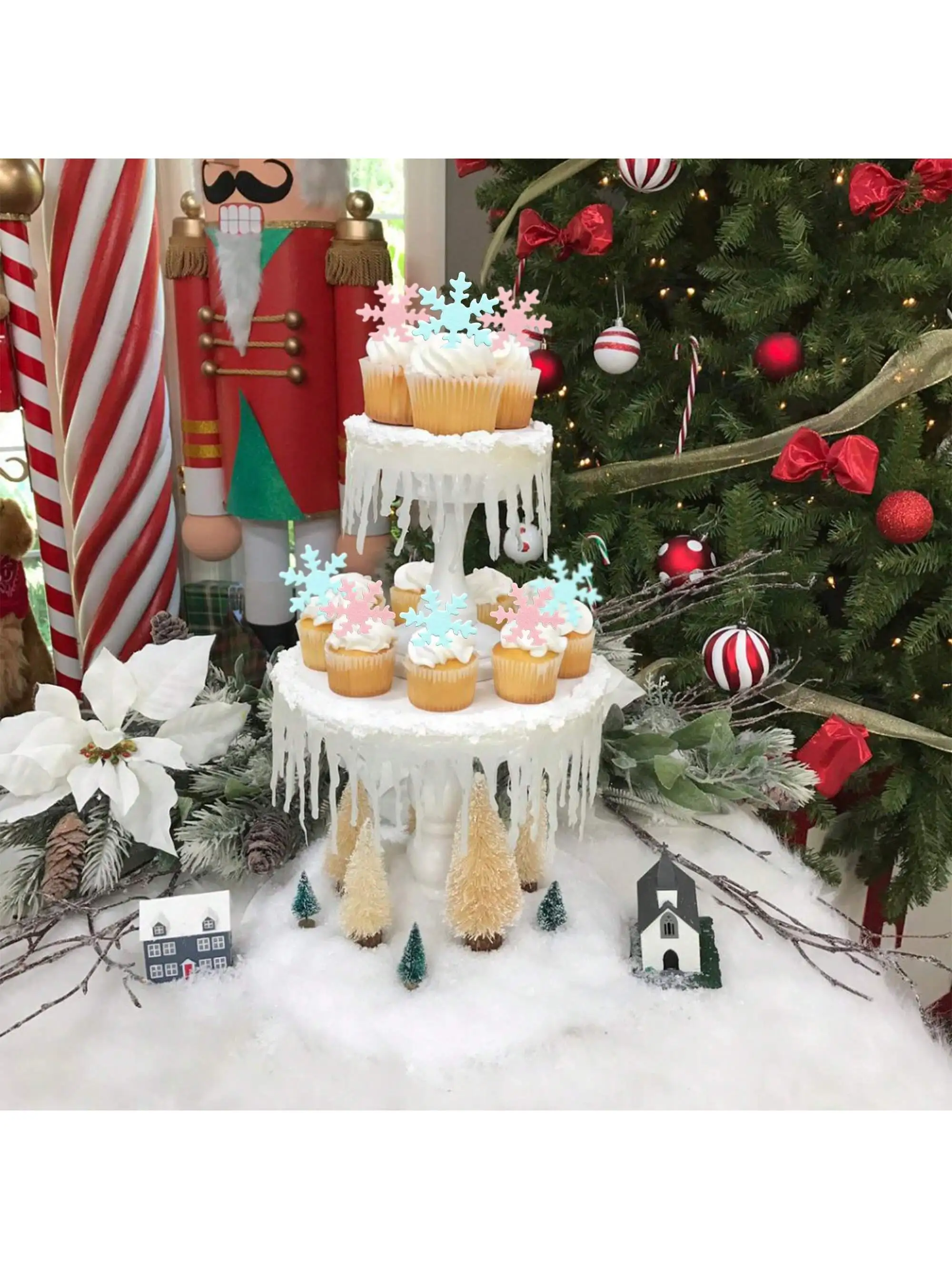 50 Stück blau-weiße Cupcake-Topper, Kuchenschneeflocken, Kuchendekoration, Winter-Frozen-Geburtstagsparty-Zubehör, Klebreispapier – Detail 5