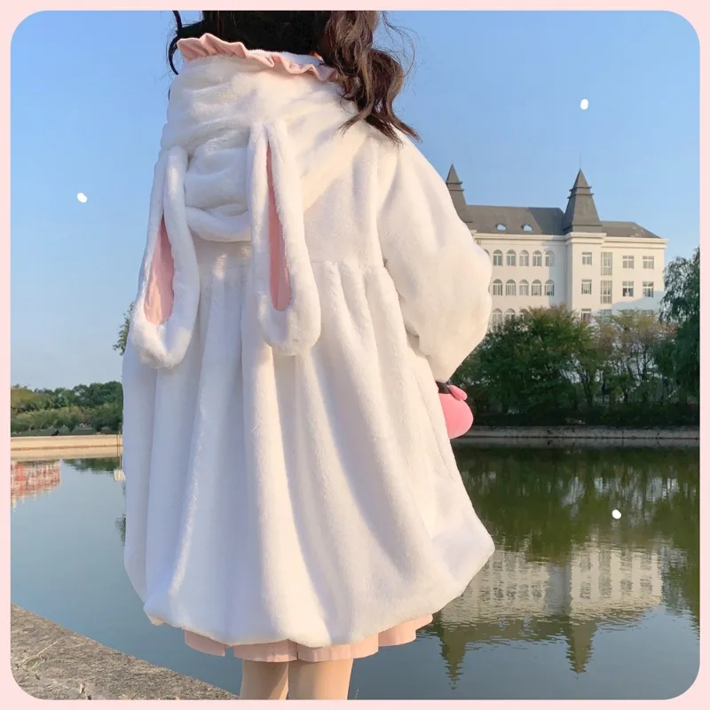 Japanese Soft Girl Sweet And Cute Plush Thick Hooded Rabbit Ear Fur Coat Flower Bud Swing Skirt Female Autumn Winter Kawaii