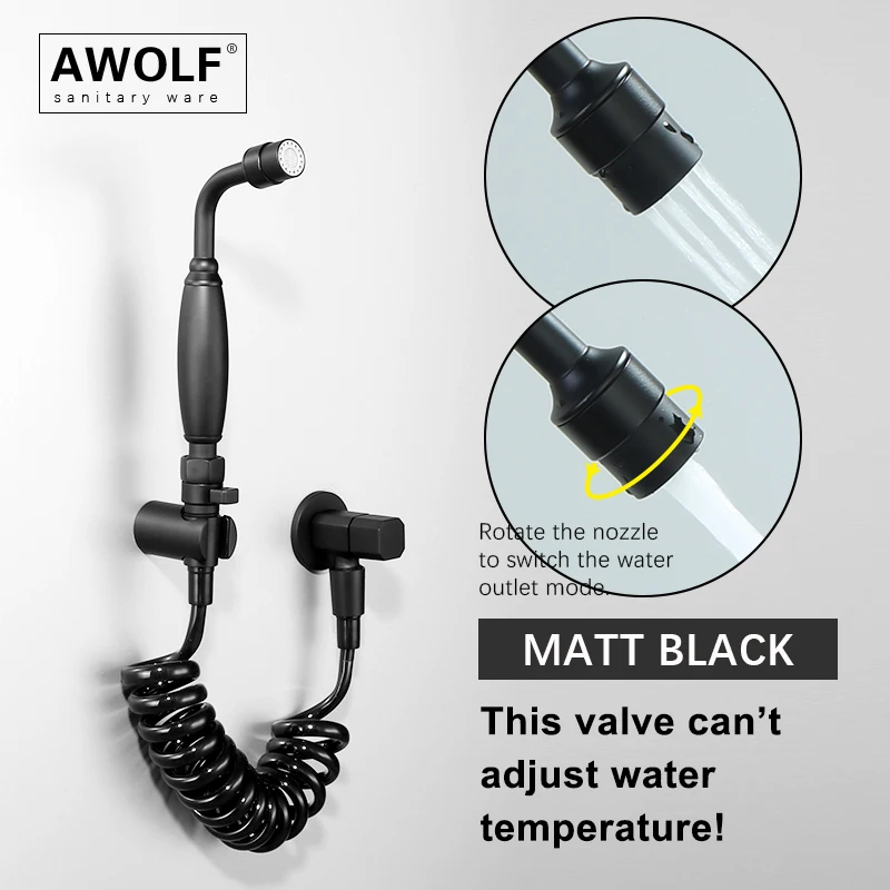 Awolf Bathroom Hygienic Shower Matt Black Toilet Bidet Sprayer Set Two Functions Anal Shower System Soft Water Cleaner AP2342