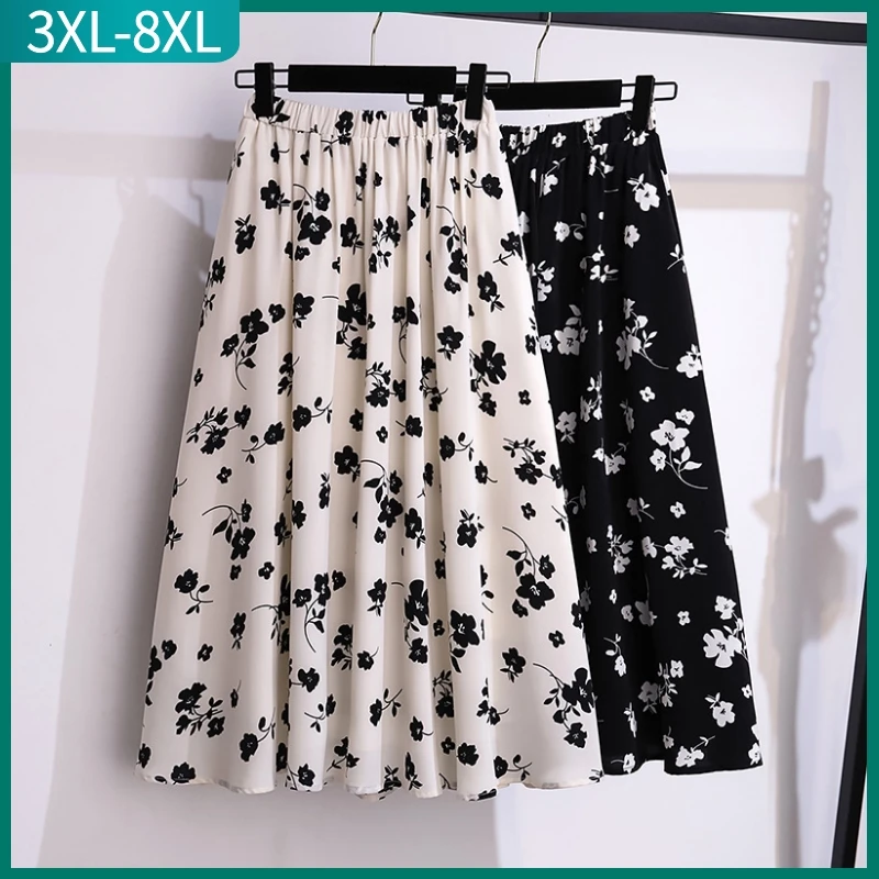 

New 2023 Summer Plus Size Long Skirt For Women Large Loose Casual Black Floral Print Chiffon Pleated Skirt 4XL 5XL 6XL 7XL 8XL