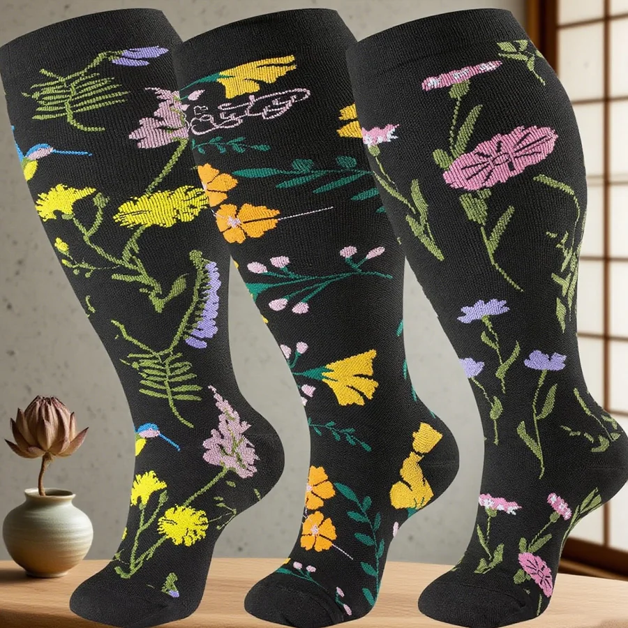 

3 пары очень широких компрессионных носков больших размеров для женщин и женщин, спортивные носки до середины икры для бега, езды на велосипеде и путешествий