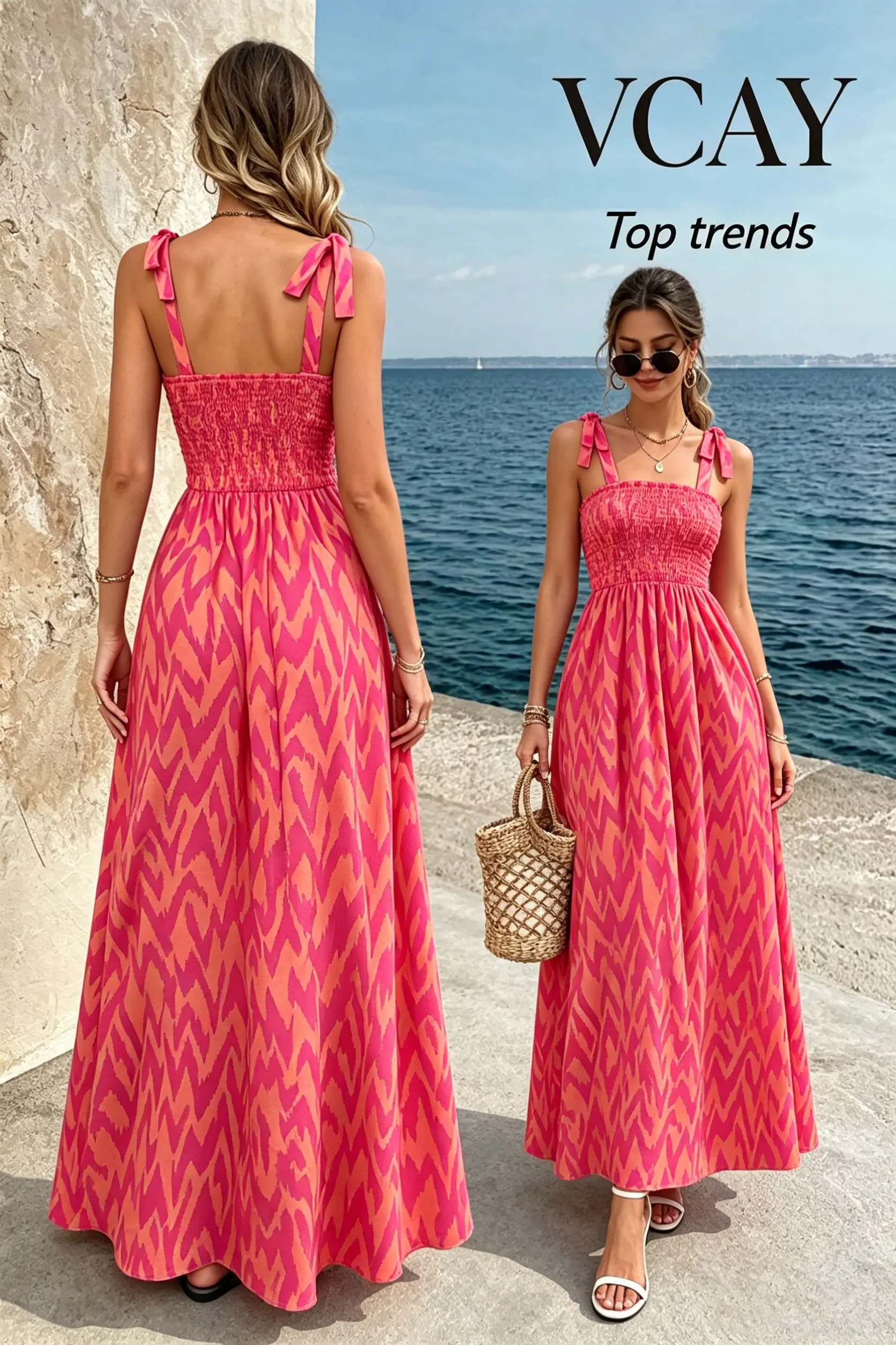 Damen Smock-Kleid mit Bindeband und Midi-Länge |   Böhmisches Abstraktes Muster A-Linien-Sommerkleid für den Sommer