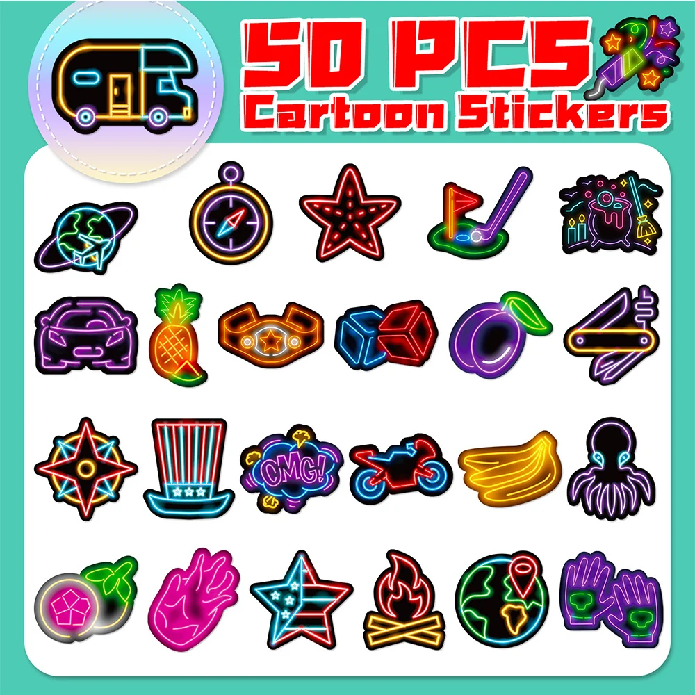 10/30/50 pçs engraçado luz de néon dos desenhos animados graffiti adesivos à prova dwaterproof água diy bagagem motocicleta guitarra portátil carro legal adesivo brinquedos