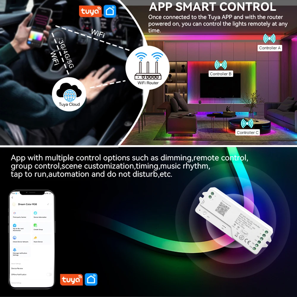 Imagem -05 - Tuya Wifi Spi Rgb Controller Fita Led Endereçável Suporta Alexa Assistente do Google Controle de Voz Yandex Ws2812b Ws2811