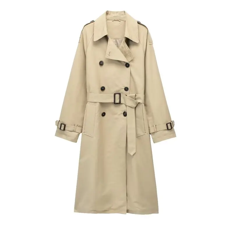 

Khaki Classic Collar Loose Double-Breasted Belted Mid-Length Coat Autumn New Sle Women's Busin Casual Long Sve Jaet
