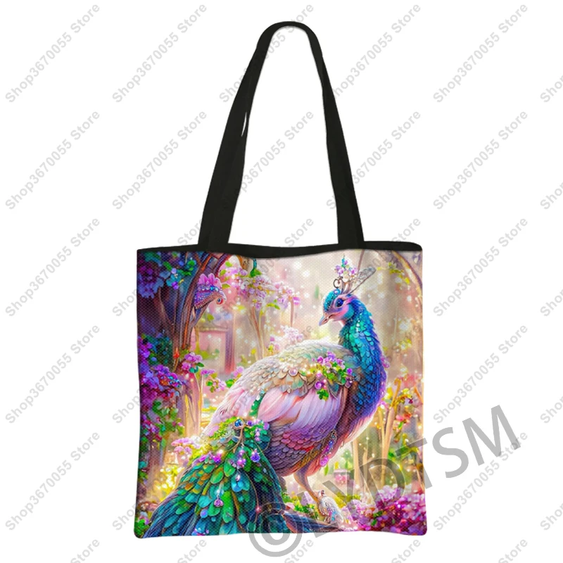 Fantasy Peacock Flowers Print Shoulder Bags Women's Handbags Large Capacity Casual Totes Bag Ladies Reusable Shopping Bags