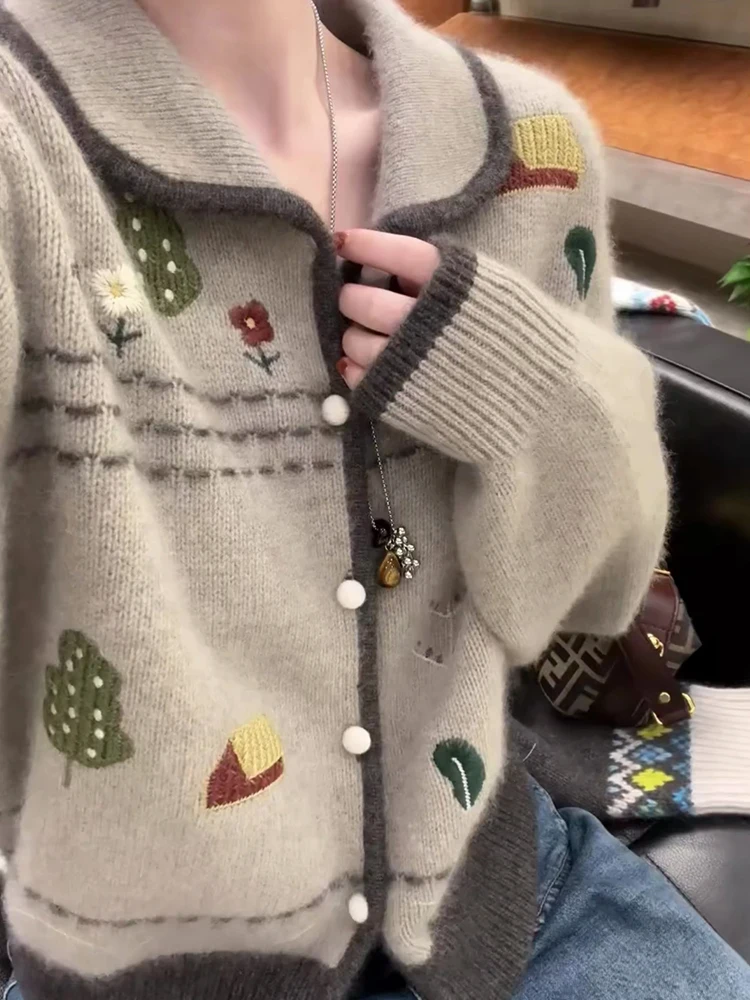 

Korean Sle Lazy Flower Embroidery Lapel Open Cardigan Loose Long Sve Knitted Outerwear Women Autumn Winter Soft Young