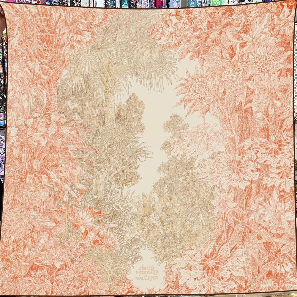 POBING 30% Silk 70% Cashmere Scarf Women Hand Rolled Foreast Print Square Scarves Wraps Bandana Big Hijabs Female Foulard 135CM