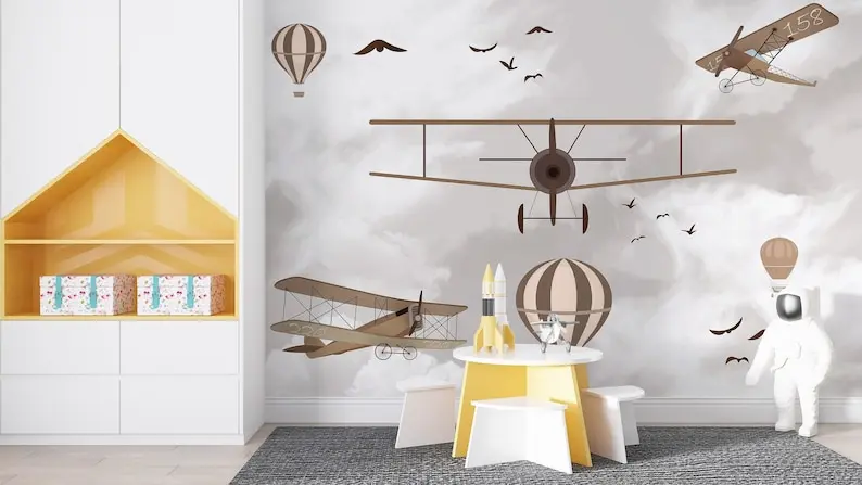 Retro Hot Air Balloons Planes Kids Wallpaper, Pastel Colors Vintage Plane Sky Nursery Mural