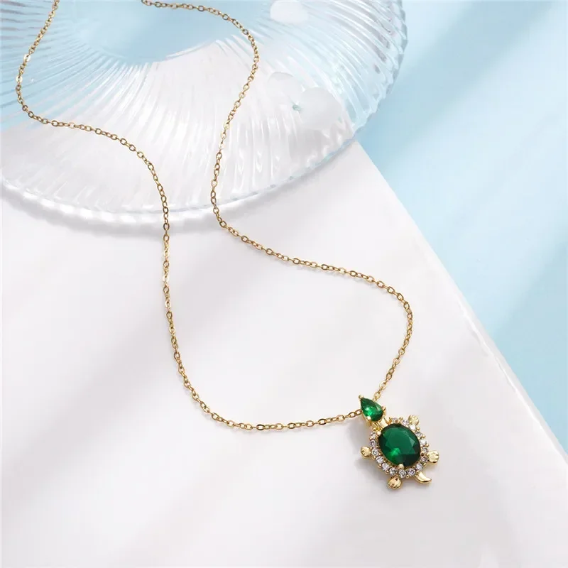 High Grade Turtle Zircon Necklace Stainless Steel Chain Classic Design Sea Animal Pendant Choker Jewelry Gifts For Women Girls