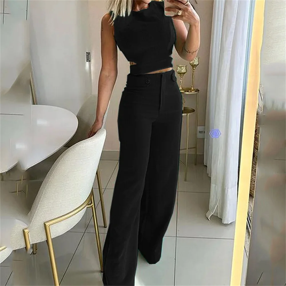 Women Solid Sleeveless Crop Top Long Pants Set Autumn New Office Lady Elegant O-Neck Vest and High Waist Wide Leg Pants Suit