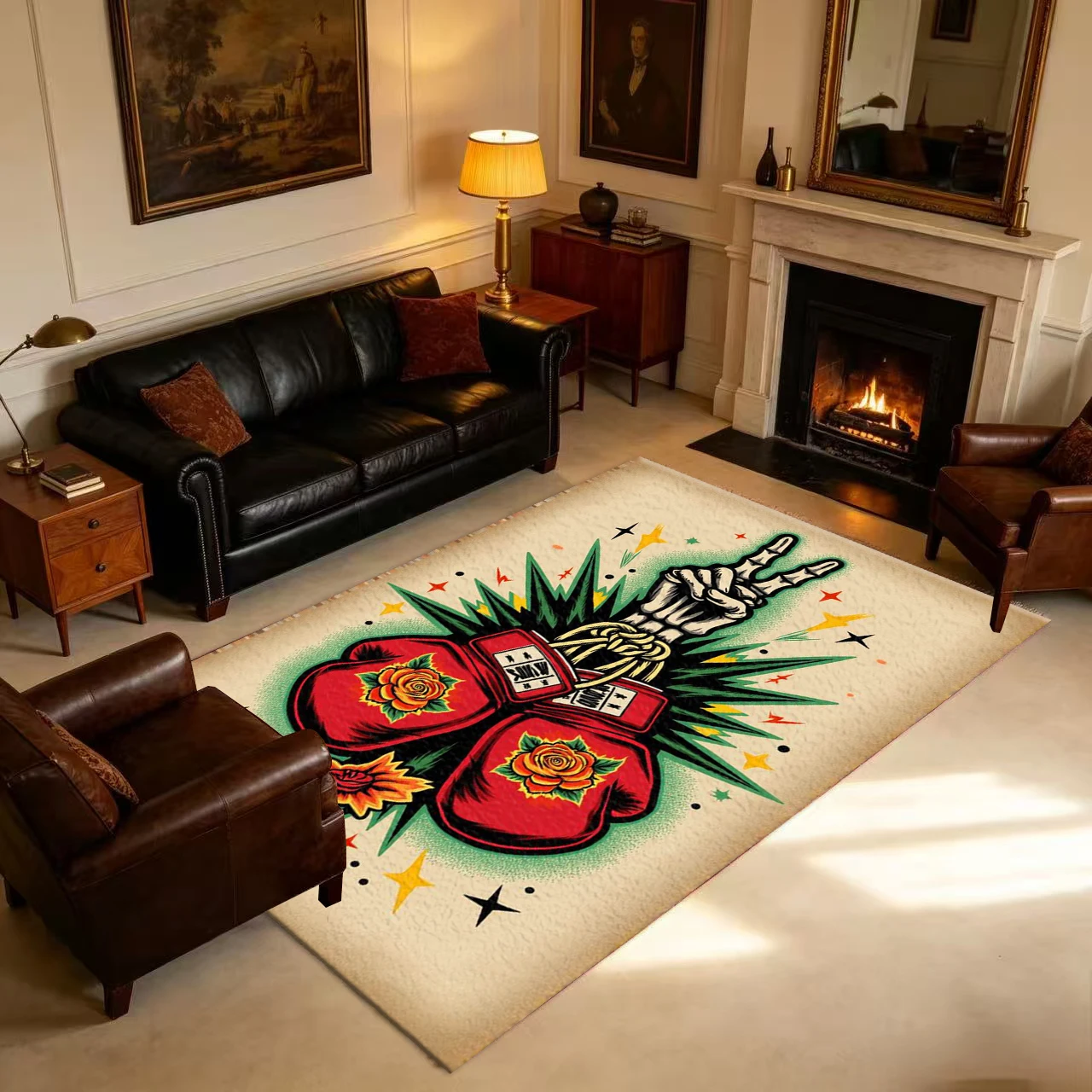 Vintage Boxing Gloves Skull Rose Art Carpet Retro Tattoo Style Floor Rug Suitable for Bar Home Decoration