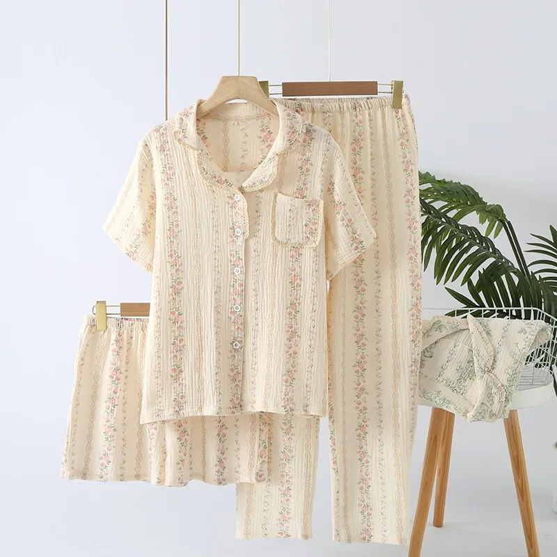 

Three Piece Set Women's Pajamas Summer Cotton Short Sleeved Pants Shorts Thin Loose Home Women Sleepwear Cothes