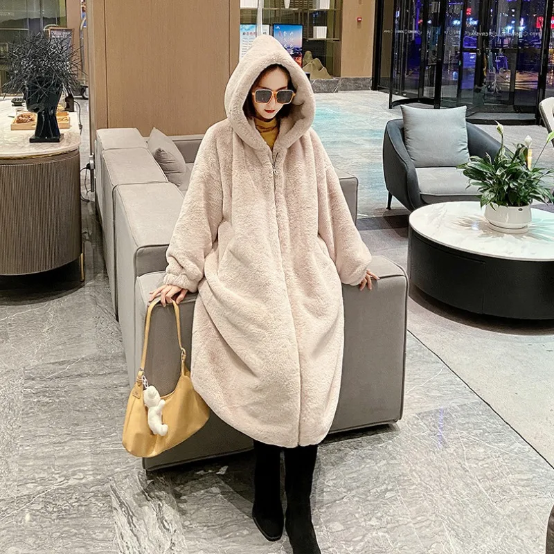 Luxury Chic Hooded Long Fur Coat Zipper Winter Women Clothing Faux Fur Jacket Warm Thick Furry Design Windproof Fluffy Jackets