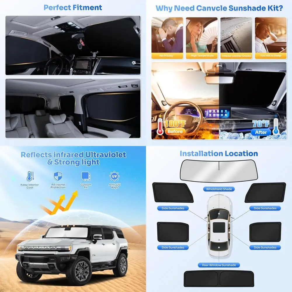 

Windshield Sun Shade, Side & Rear Window Cover, 6-Piece Set, Black, for Camping, Vehicle Privacy & Cooling 2022-2026 Hummer EV A
