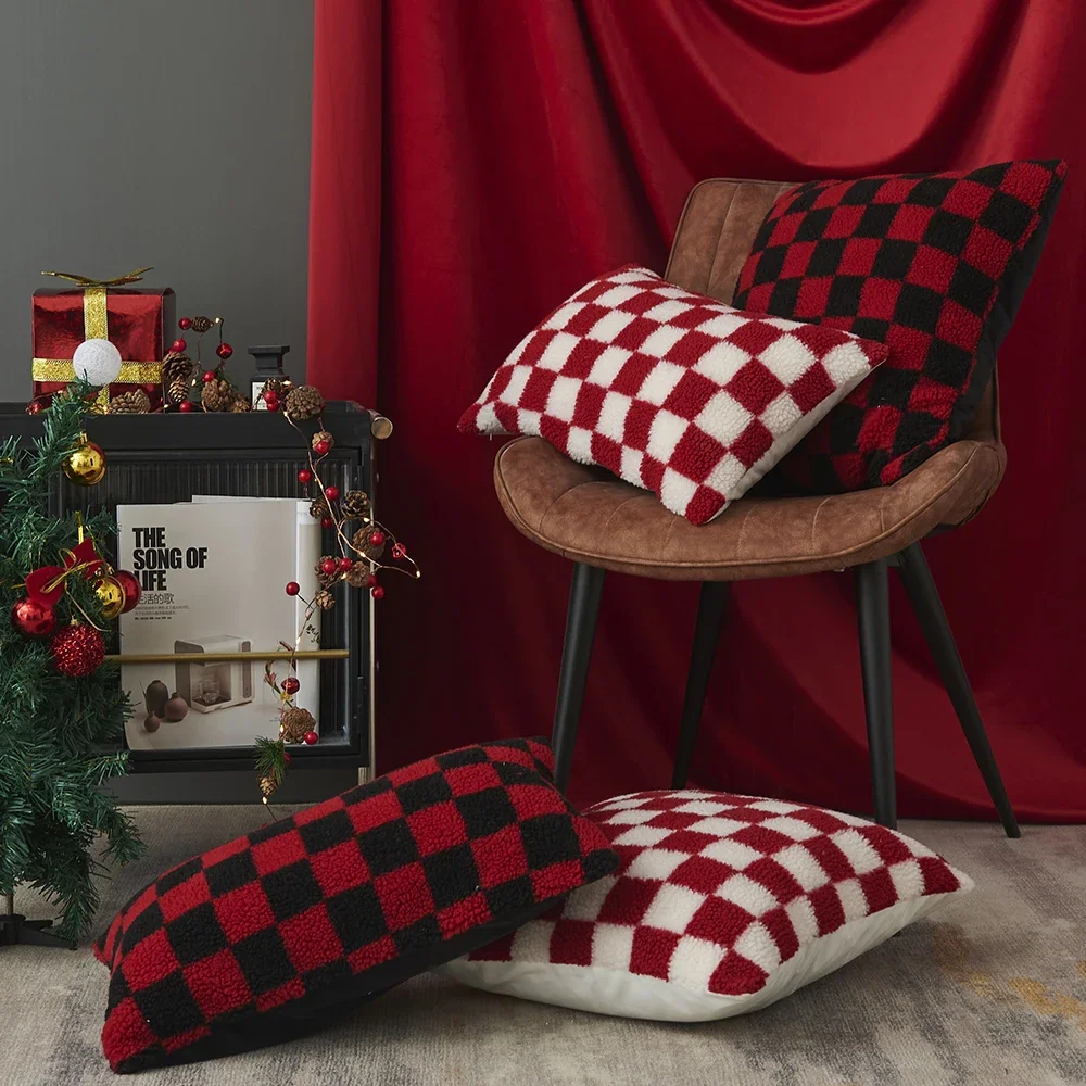 Christmas Red Black Red White Checkerboard Faux Sherpa Cushion Cover 30×50cm / 45×45cm Decorative Pillows For Living Room Sofa