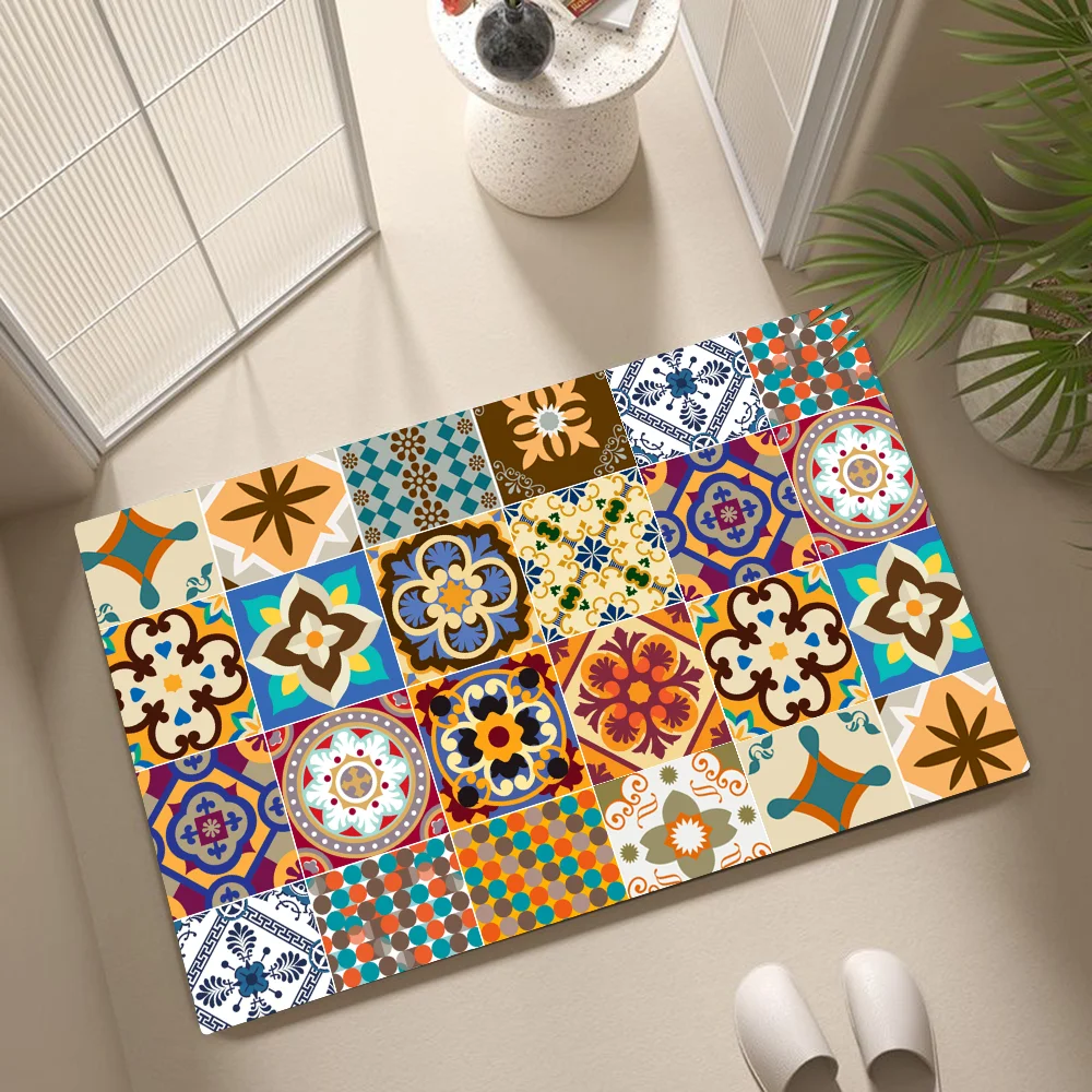 1PC Portuguese Tiles Azulejo Portugues Floor Mat Home Bedroom Kitchen Non-slip Floor Rug, Absorbent Anti-fouling Door Mats