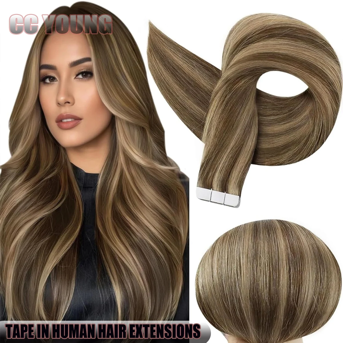 20Pcs Tape-In Hair Extensions 100% Remy Human Hair Straight Highlight Piano Color for Women Adding Length And Volume 50g