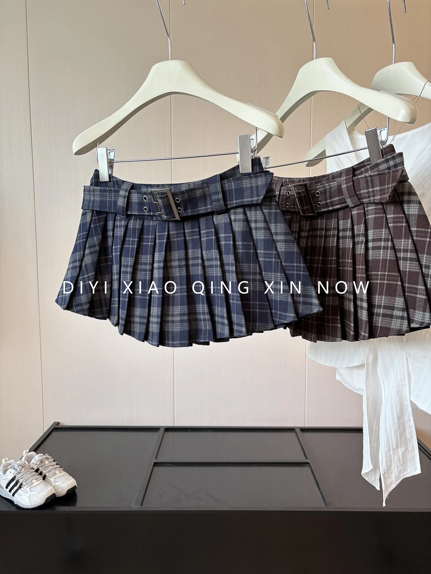 High Waist Plaid Pleated  Skirt Women's DIYI Academy Style Half-length Skirts with Belt Slimming Short Skirts
