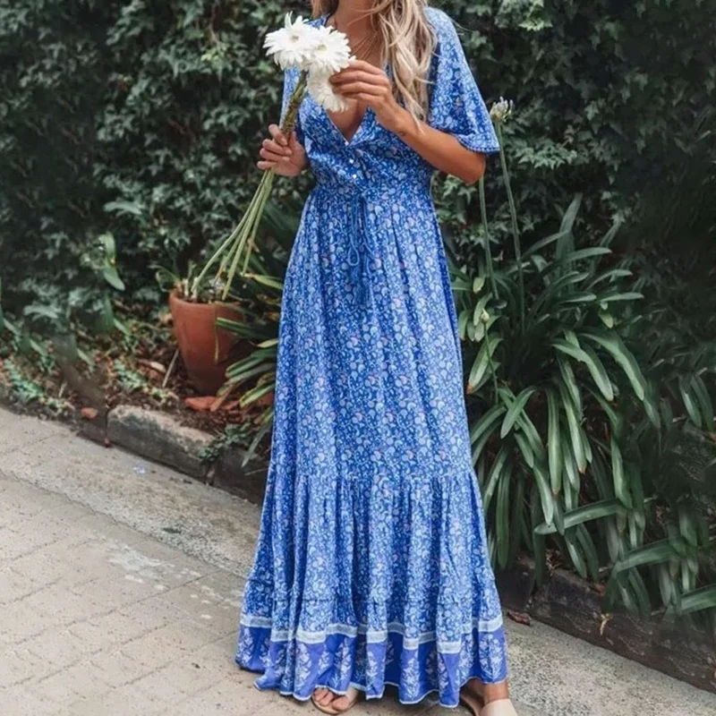 Frauen Sommer Blumen druck Kurzarm Boho Maxi Kleid V-Ausschnitt hohe Taille Kleid Quaste gebunden Retro Cotta gecore Strand lange Kleider