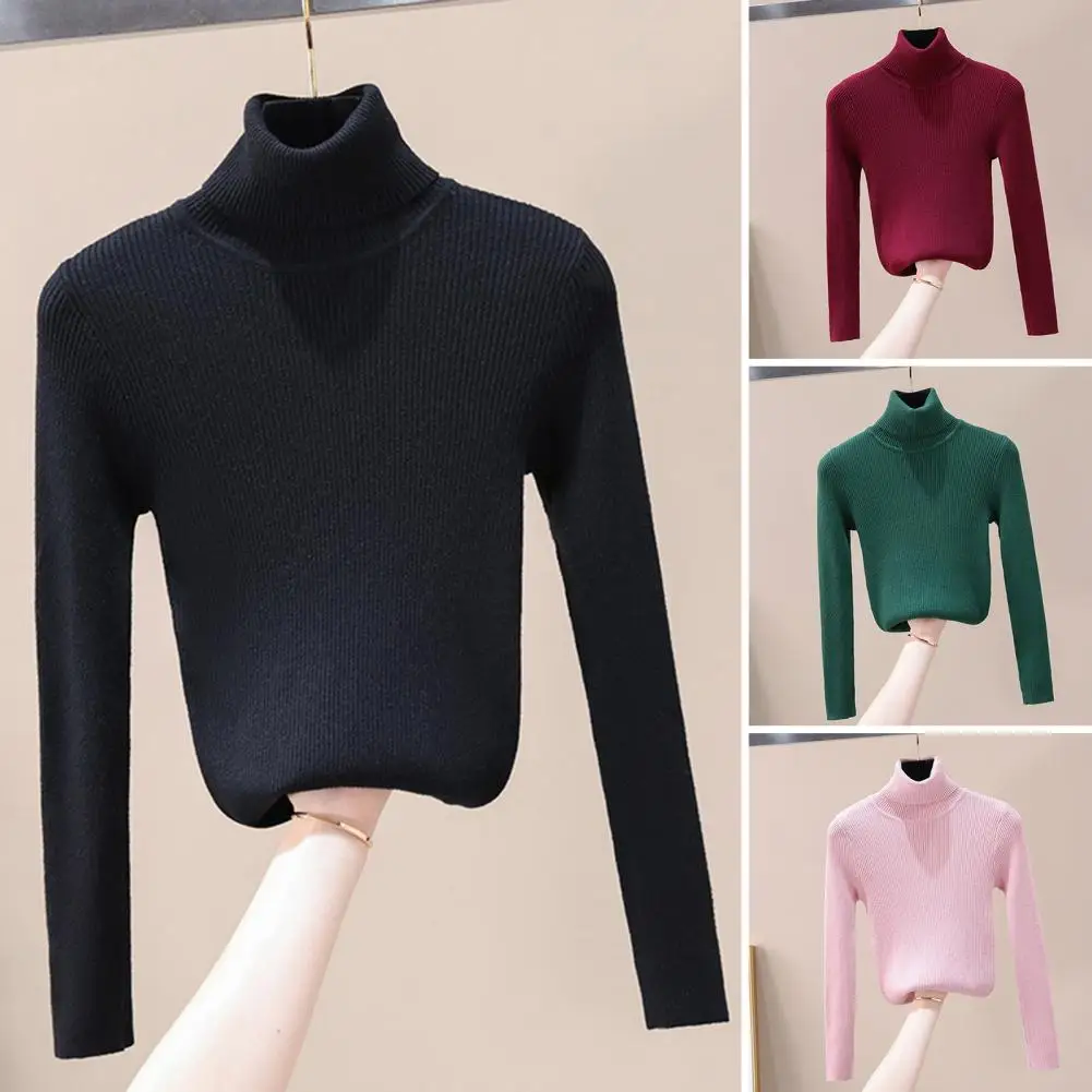 Stylish Comfortable Long-sleeve Top Women\'s High Neck Knitted Base Top Slim Fit Solid Color Pullover for Spring for Women