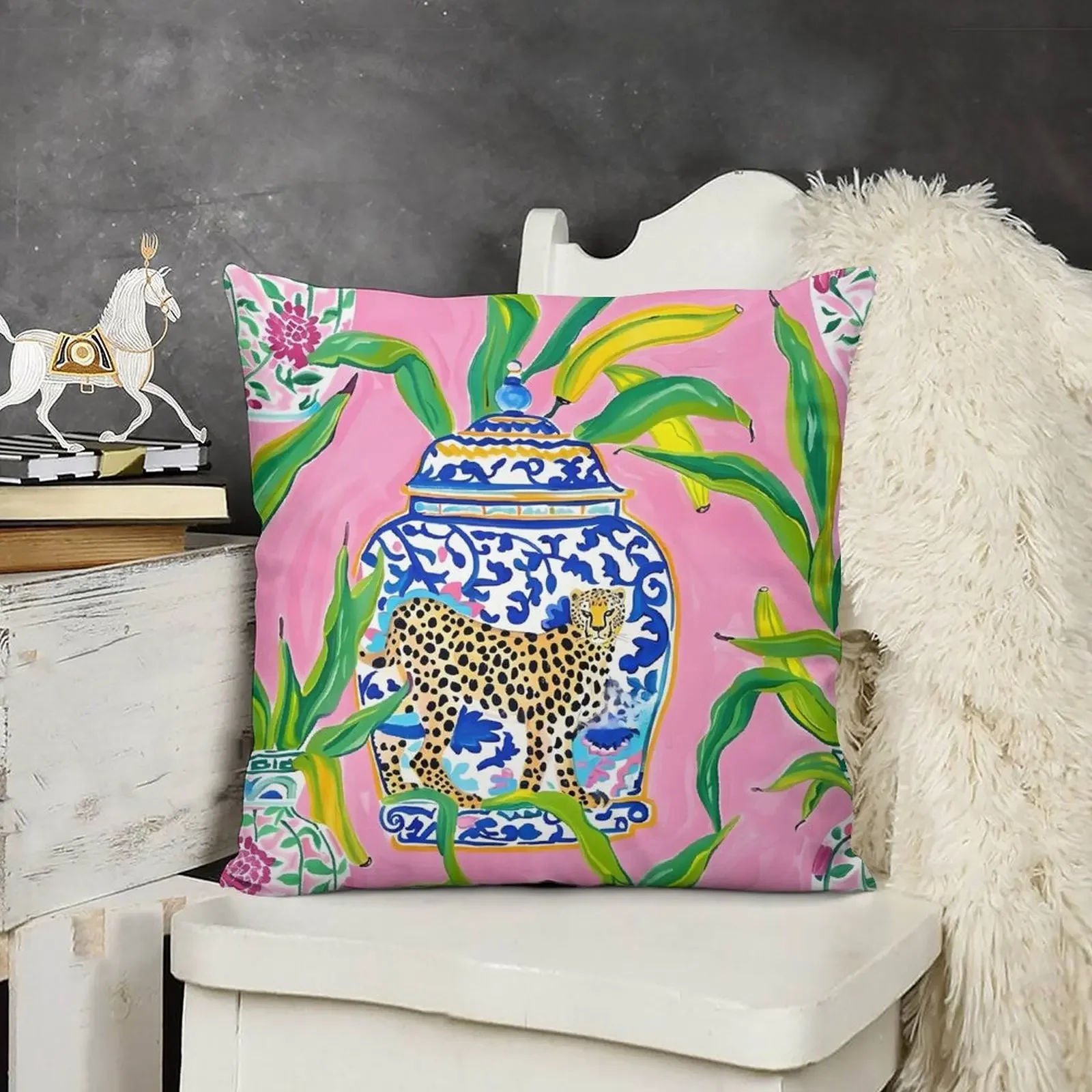 Preppy, grandmillennial ginger jars, cheetah and banana leaves on bubblegum pink Throw Pillow Room decorating items pillow