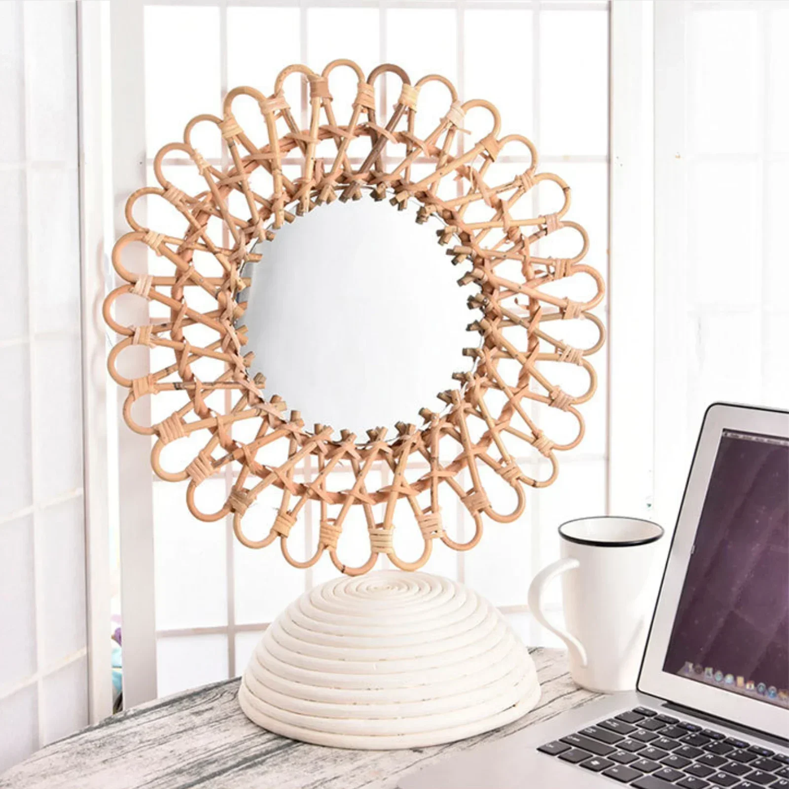 

Rattan Round Wall Mirror, Boho Mirror for Wall Decoration, 40 cm, Wall Mirror for Bedroom, Living Room, Dining Room, Wood Color