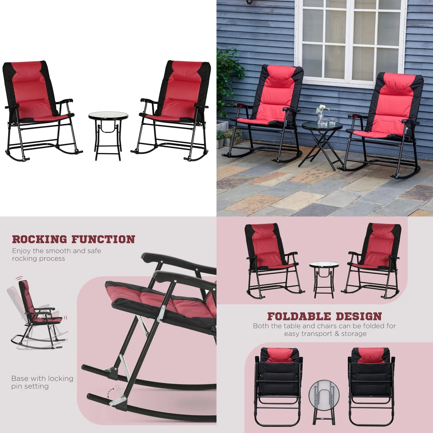 

3Pc Patio Set w/ Glass Table & 2 Fold Padded Rocker Chairs Bistro Porch Camping Balcony, Customized