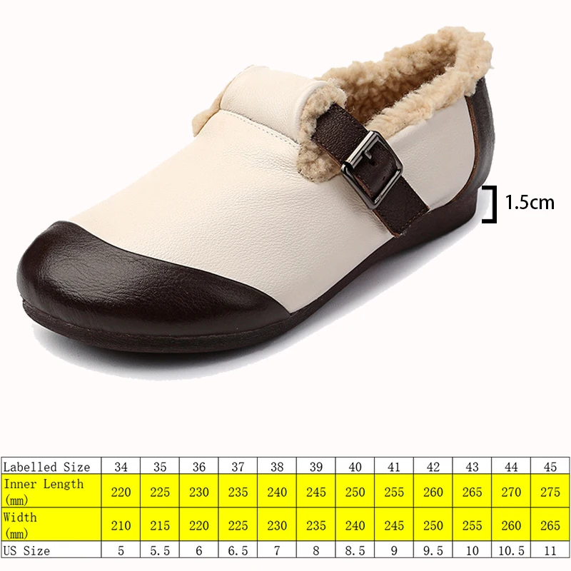 Koznoy 1.5cm Retro Ethnic Genuine Leather Big Size Winter Mixed Color Women Soft Oxford Soled Flat Warm Fur Buckle Loafers Shoes