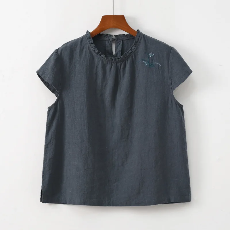 

Cute Linen Blouse Vintage Ruffled Neck Short Sleeve Embroidery Tops Summer Shirts Women